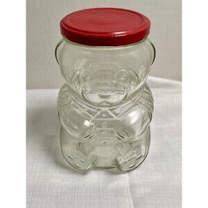 Vtg 1988 Kraft Clear Glass Figurine TEDDY BEAR 6” Jar W Red Metal Lid